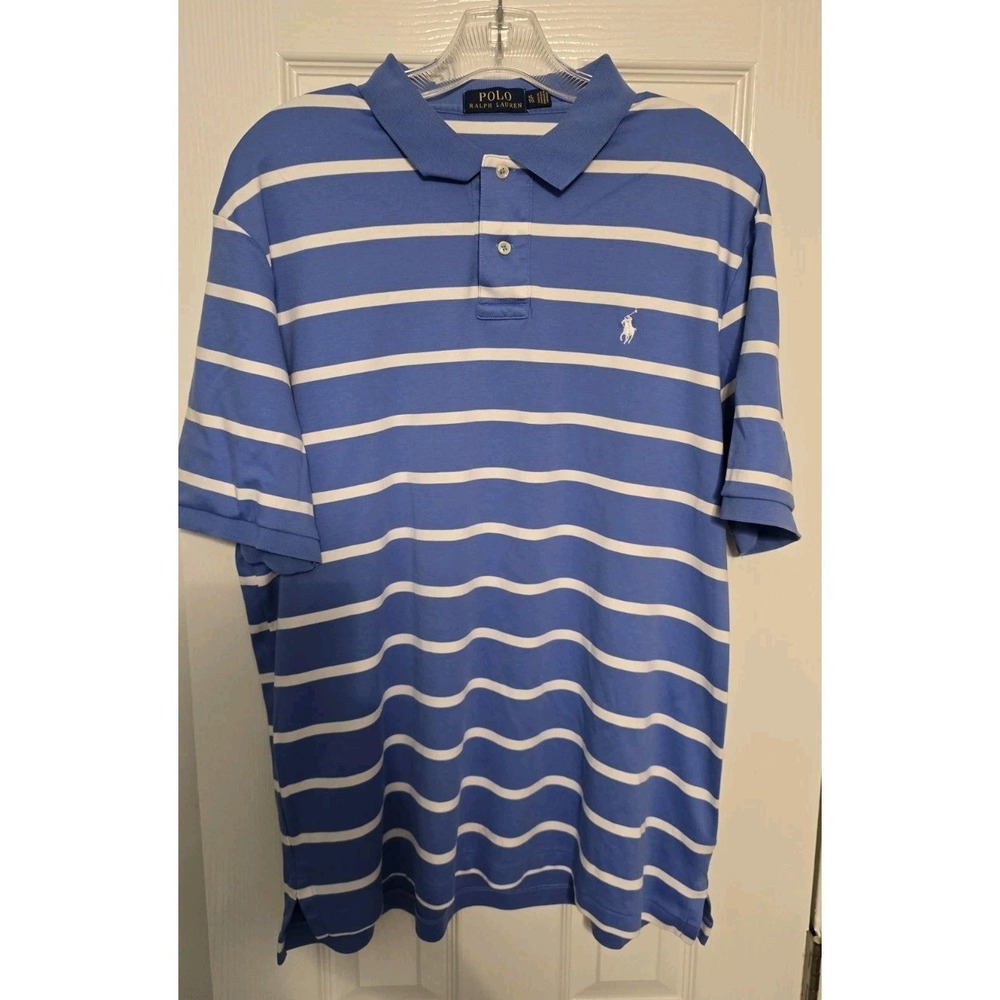Polo Ralph Lauren Shirt Mens XL White Blue Striped Short Sleeve Pony Golf Fit